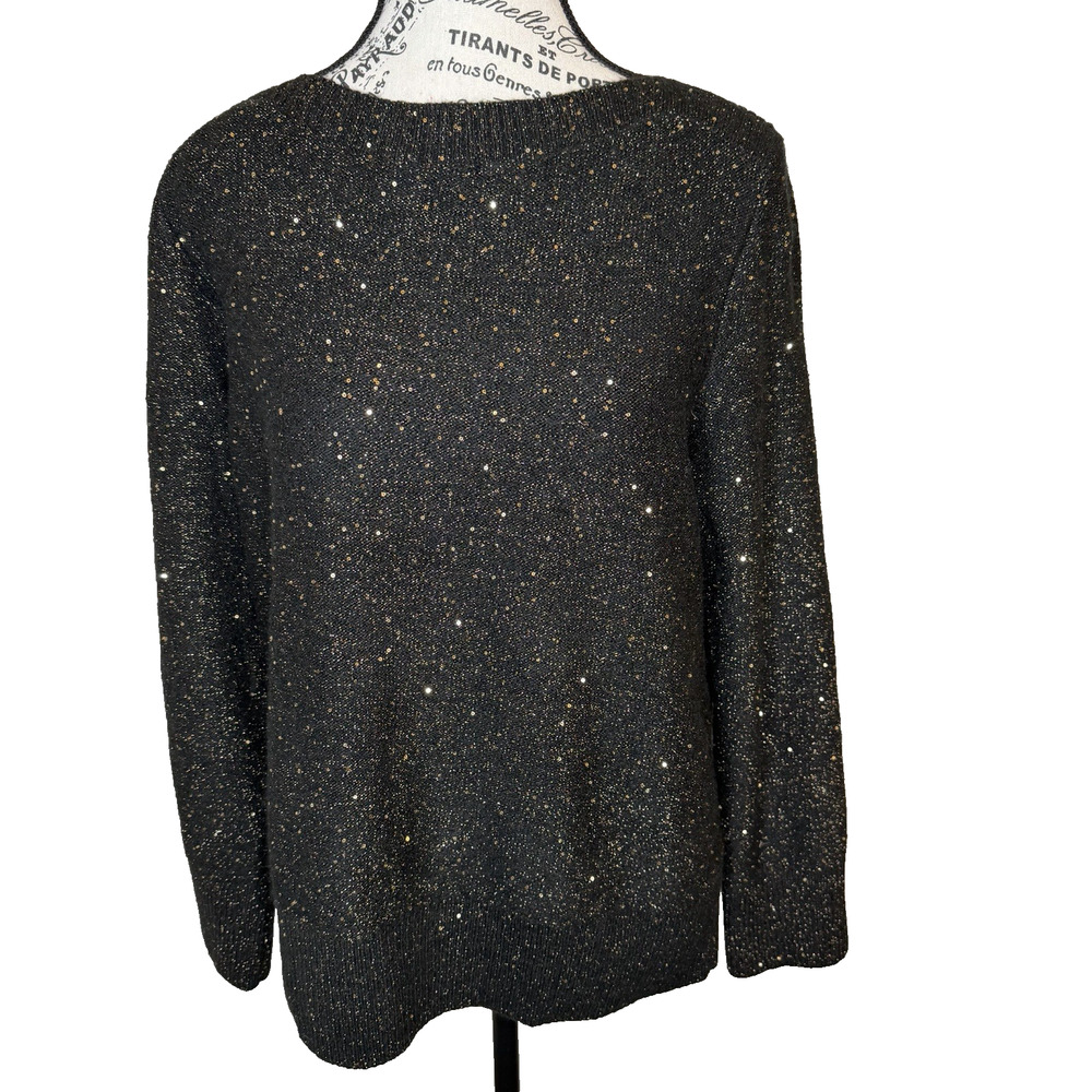 Loft Women’s Sweater Crew Neck Size Large Black With Gold Glitter & Sequins
